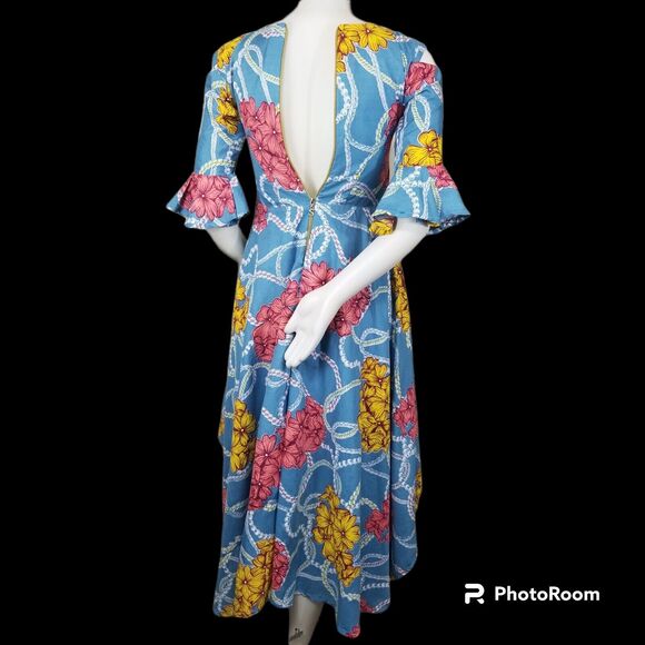 Spanish Style Dress Sz XS 0-2 Blue High Low Floral Crochet Bodice Party Extra Sm - Picture 2 of 9